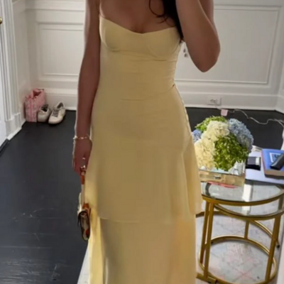 Fashion simple straps yellow long prom dress evening dresses