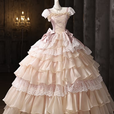 Retro pink cascading ruffles lace flower prom formal dresses - Thumbnail 1