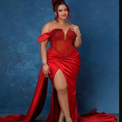 Plus size arabic aso ebi red mermaid sexy prom dresses sheer neck satin evening formal party second reception birthday engagement 