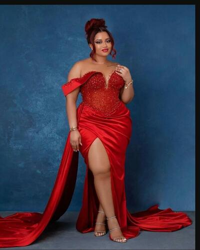 Plus Size Arabic Aso Ebi Red Mermaid Sexy Prom Dresses Sheer Neck Satin Evening Formal Party Second Reception Birthday Engagement 