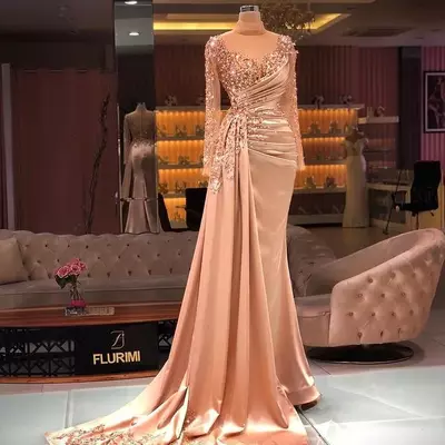 Plus size arabic aso ebi luxurious mermaid sexy prom dresses sheer neck beaded sequins evening formal party second reception gowns dress