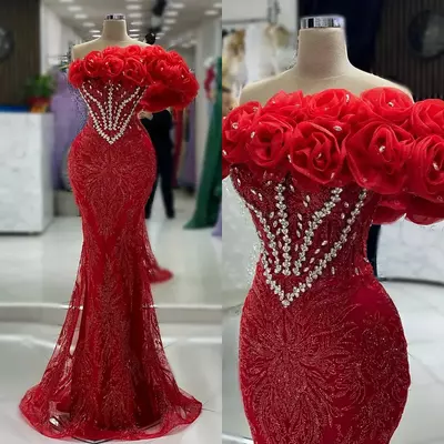 Red prom dresses for black women sheer neck illusion beaded lace rhinestones decorated birthday party dress second reception gowns