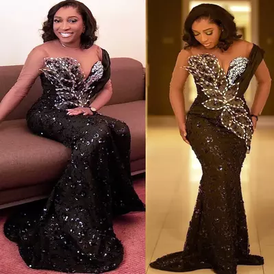 Plus Size Black Mermaid Prom Dresses For Special Occasion Crystals Florals Evening Formal Party Second Reception Birthday Engagement Gowns