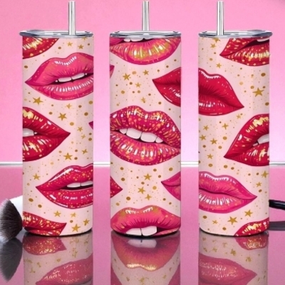 Glamorous lips tumbler 20oz - pink kiss print travel cup with gold stars & metal straw