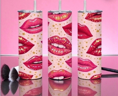 Glamorous Lips Tumbler 20oz - Pink Kiss Print Travel Cup with Gold Stars & Metal Straw