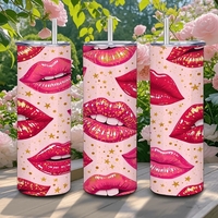 Glamorous Lips Tumbler 20oz - Pink Kiss Print Travel Cup with Gold Stars & Metal Straw - Thumbnail 3