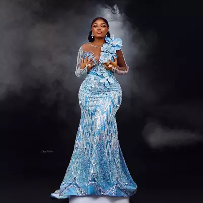 Aso ebi sky blue mermaid prom dress sequined lace crystals evening formal party second reception birthday engagement gowns dresses