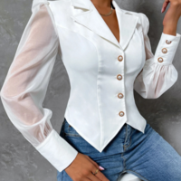 Mesh Splicing Long Sleeves Buttoned Shirt - Thumbnail 1