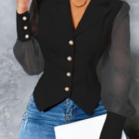 Mesh Splicing Long Sleeves Buttoned Shirt - Thumbnail 3