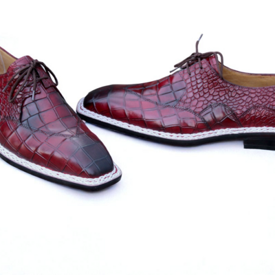 Crafted leather burgundy patina leather crocodile alligator wingtip oxford hand sewn dress shoes - Thumbnail 1