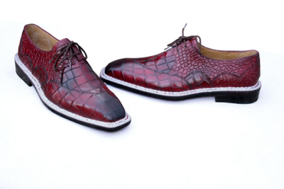 Crafted Leather Burgundy Patina Leather Crocodile Alligator Wingtip Oxford Hand Sewn Dress Shoes