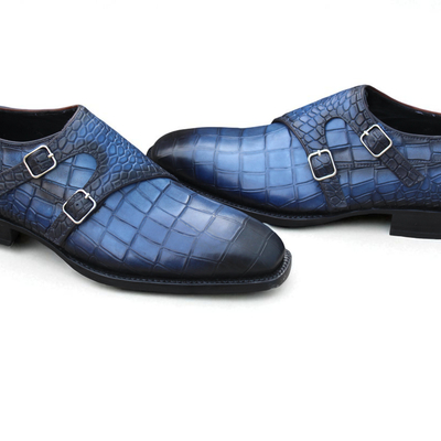 Crafted leather classic blue crocodile/alligator double monk strap dress shoes - Thumbnail 1