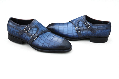 Crafted Leather Classic Blue Crocodile/Alligator Double Monk Strap Dress Shoes