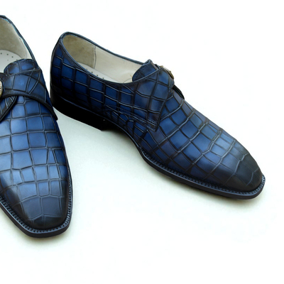 Crafted leather handmade men blue crocodile texture leather monk strap shoes  - Thumbnail 1