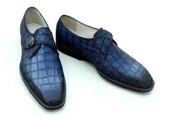Crafted Leather Handmade Men Blue Crocodile Texture Leather Monk Strap Shoes 