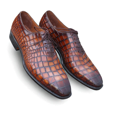 Crafted leather brown black crocodile oxford lace up alligator dress shoes - Thumbnail 1