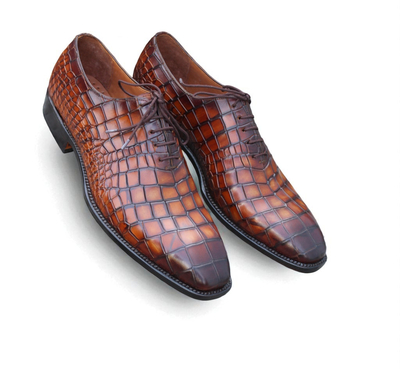 Crafted Leather Brown Black Crocodile Oxford Lace up Alligator Dress Shoes