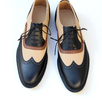 Crafted leather bespoke men shoes black and beige wingtip oxford dress shoes - Thumbnail 3