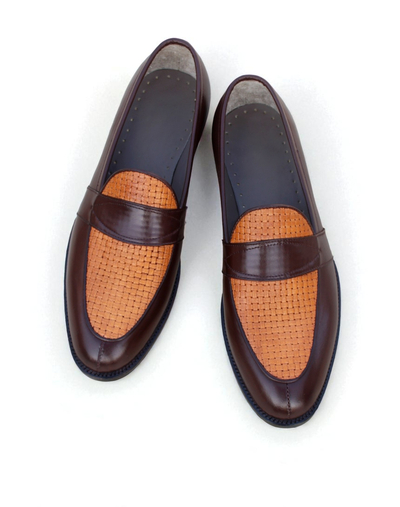 Crafted Leather Handmade Classic Brown Leather and Woven Contrast Moccasin Loafers Shoes
