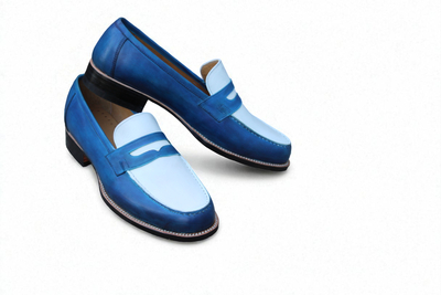 Crafted Leather Classic Blue White Leather Moccasin Loafers Dress Shoes