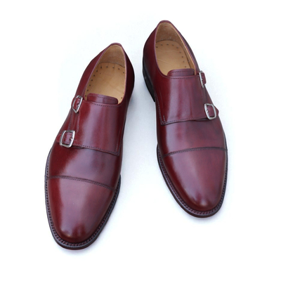 Crafted leather burgundy double monk strap dress shoes - Thumbnail 2