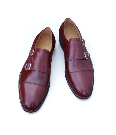 Crafted Leather Burgundy Double Monk Strap Dress Shoes