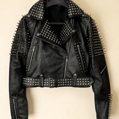 Crafted leather women silver brando punk silver spiked studded cowhide leather jacket 
