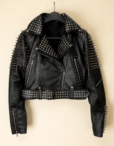 Crafted Leather Women Silver Brando Punk Silver Spiked Studded Cowhide Leather Jacket 