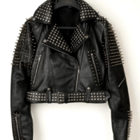 Crafted Leather Women Silver Brando Punk Silver Spiked Studded Cowhide Leather Jacket  - Thumbnail 1