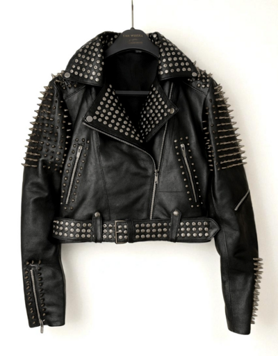 Crafted Leather Women Silver Brando Punk Silver Spiked Studded Cowhide Leather Jacket 