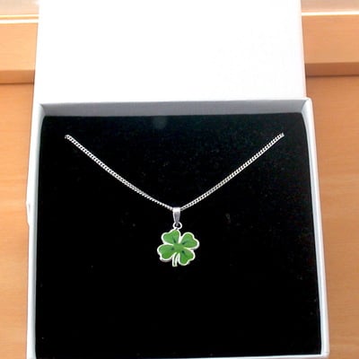 Boxed gift/sterling silver four leaf clover pendant & chain/four leaf clover necklace/four leaf clover jewellery/shamrock necklace/st patricks day - Thumbnail 1