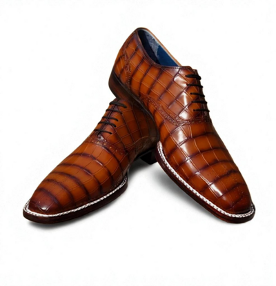 Crafted Leather Men Brown Crocodile/Alligator Leather Norwegian Welted Dress Shoes