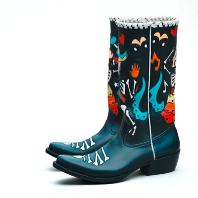 Crafted leather classic dress shoes black leather fancy cowboy boots 