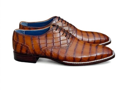 Crafted Leather Men Brown Crocodile/Alligator Leather Norwegian Welted Dress Shoes