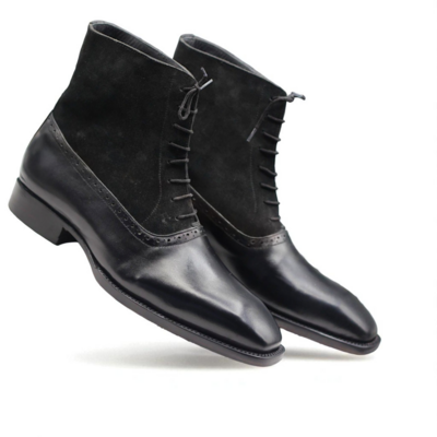 Crafted Leather Classic Men Black/Suede Leather Ankle High Lace up Dress Boot