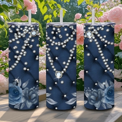 Luxury crystal rhinestone tumbler | elegant blue floral diamond studded travel cup with metal straw
