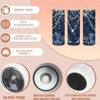 Luxury Crystal Rhinestone Tumbler | Elegant Blue Floral Diamond Studded Travel Cup with Metal Straw - Thumbnail 2