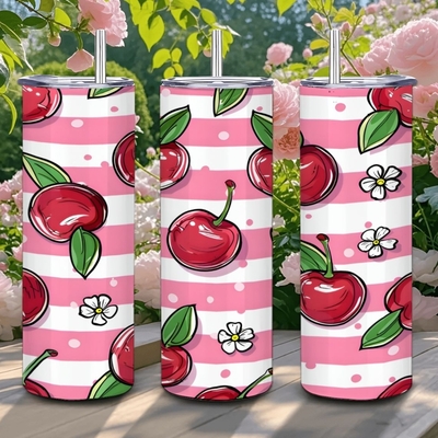 Cherry blossom pink striped tumbler - sweet cherry pattern travel cup with floral accents & metal straw | free ship