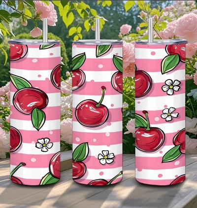 Cherry Blossom Pink Striped Tumbler - Sweet Cherry Pattern Travel Cup with Floral Accents & Metal Straw | Free Ship