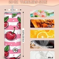 Cherry Blossom Pink Striped Tumbler - Sweet Cherry Pattern Travel Cup with Floral Accents & Metal Straw | Free Ship - Thumbnail 1