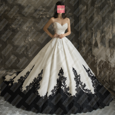 White Tulle and Black Lace Strapless Full Length Prom Dress Evening Dress Custom Hand Made W19-11.3