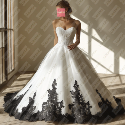 White tulle and black lace strapless full length prom dress evening dress custom hand made w19-11.4