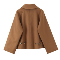 Retro style lapel single-breasted plaid lining contrast color long-sleeved short trench coat - Thumbnail 1