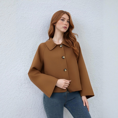 Retro style lapel single-breasted plaid lining contrast color long-sleeved short trench coat