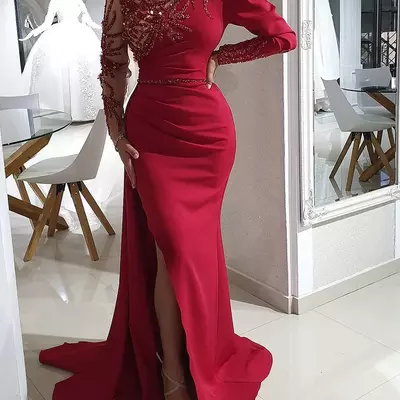 Red mermaid prom dresses beaded full sleeves evening gown satin party formal second engagement birthday gowns dress