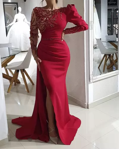 Red Mermaid Prom Dresses Beaded Full Sleeves Evening Gown Satin Party Formal Second Engagement Birthday Gowns Dress