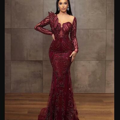 Burgundy lace mermaid prom dresses beaded full sleeves vintage evening formal party second engagement birthday gowns dress