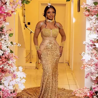 Plus size arabic aso ebi gold luxurious mermaid prom dresses sheer neck beaded sequined evening formal party second reception gowns dress
