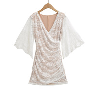 V-neck slim waist flared sleeve lace hip dress - Thumbnail 1