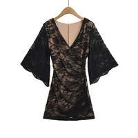 V-neck slim waist flared sleeve lace hip dress - Thumbnail 2